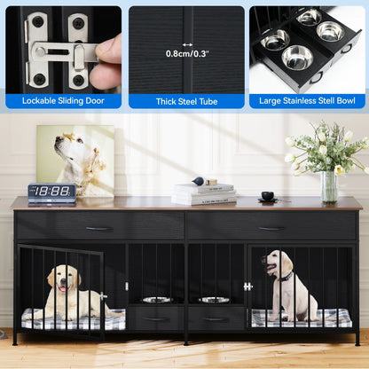 Indoor Dog Crate Furniture Large Breed with Storage&Dog Feeder, Double Dog Kennel Furniture TV Stand, 74.8" Inch Wooden Decorative Dog Kennel Furniture for 2 Dogs, Black