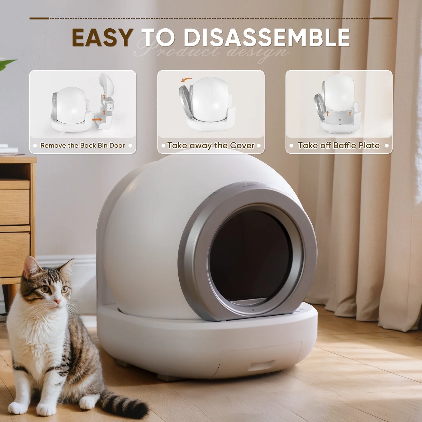 Automatic Self-Cleaning Cat Litter Box with Plastic Pad, Smart Cat Litter Box with APP Control, White